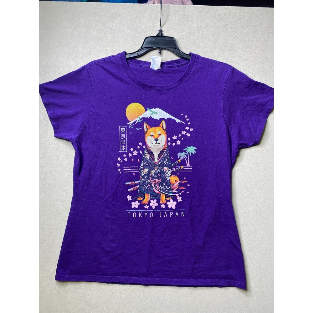 Port & Company Purple Shiba Inu Samurai Tokyo Japan Graphic T-Shirt Ladies L